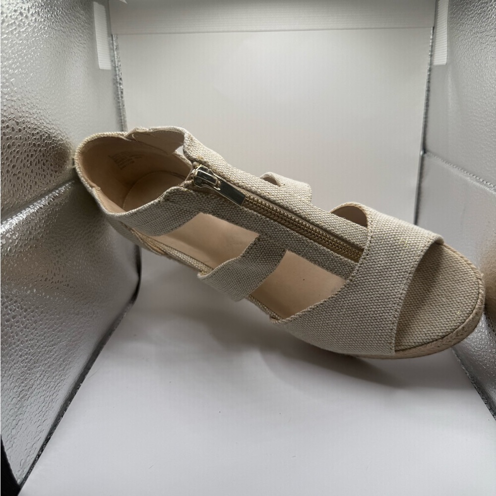 Women's Beige Zip-Front Canvas Wedge Sandals